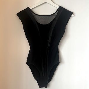 American apparel block short sleeve bodysuit with leather and mesh insert XS